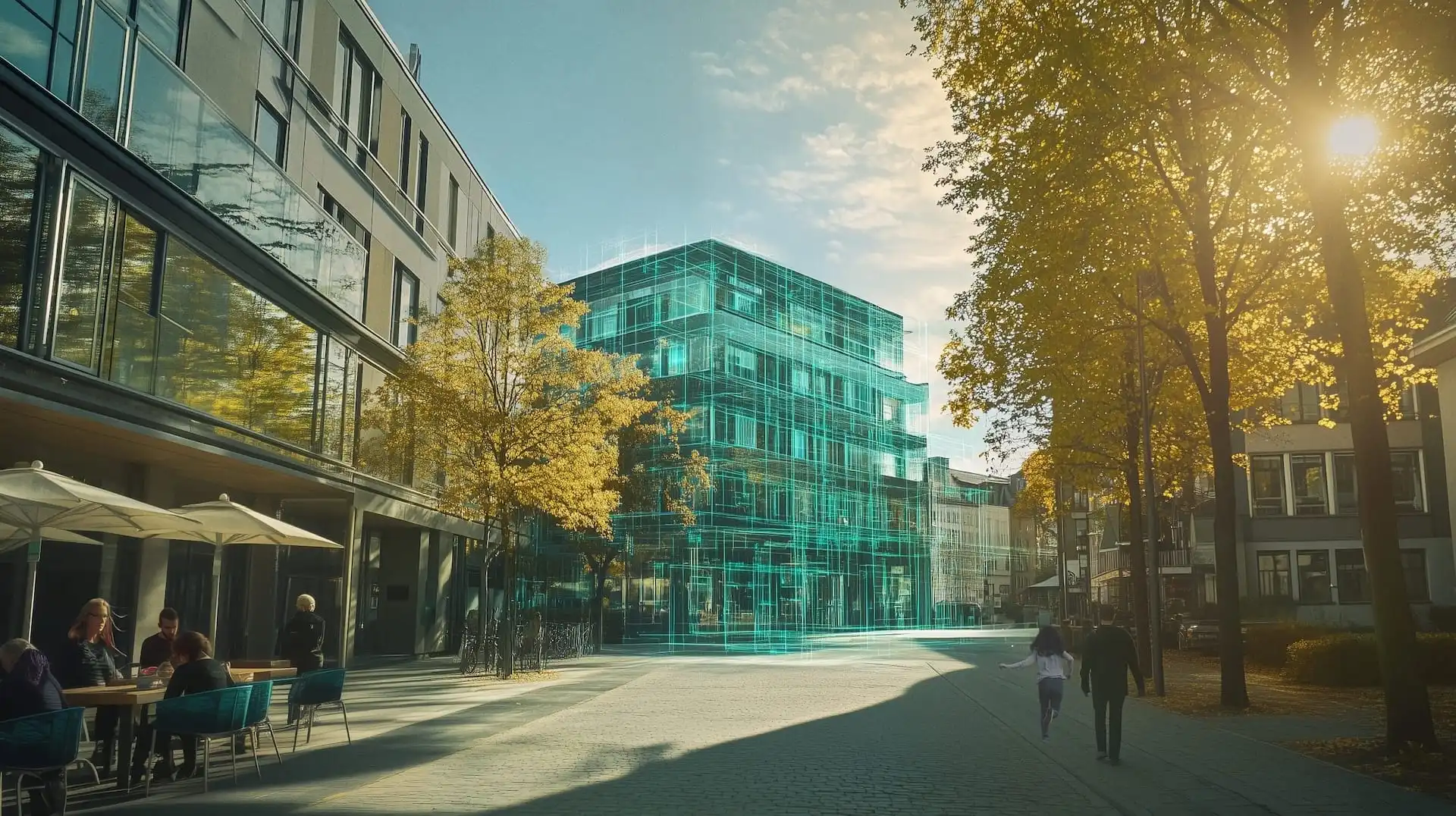 Modernes Glasgebäude auf einem urbanen Platz